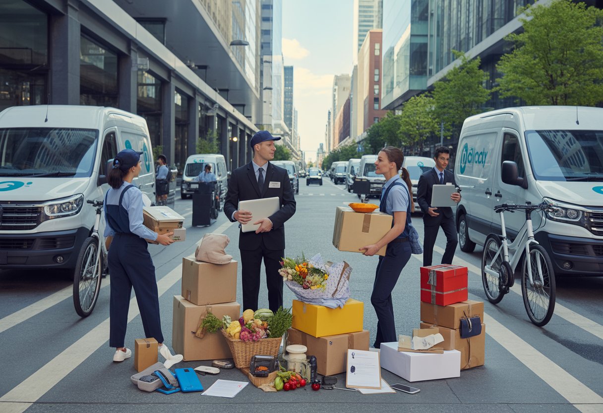 Delivery couriers handling various packages including electronics, groceries, flowers, and clothing outside in a busy city environment.