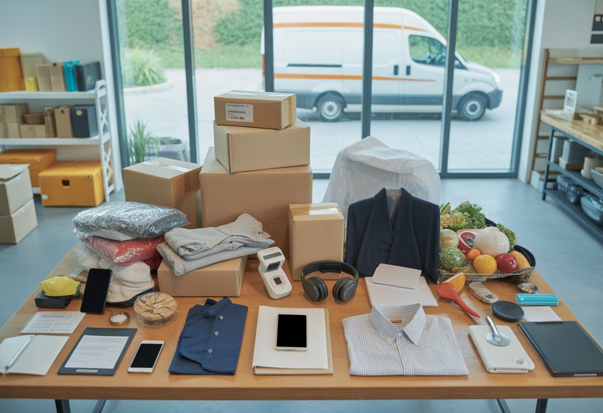 A delivery workspace with various packed parcels and common items like electronics, clothing, groceries, and documents arranged on a table, with a courier's scanner and a delivery van visible through a window.