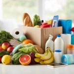 A selection of everyday items including groceries, household products, and a small electronic device arranged together on a white surface.