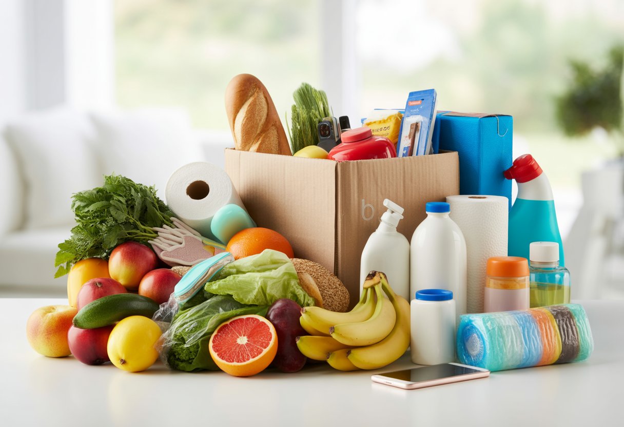 A selection of everyday items including groceries, household products, and a small electronic device arranged together on a white surface.