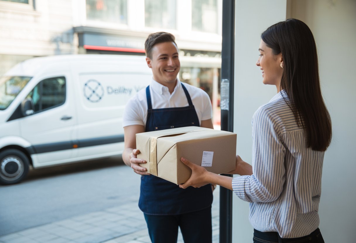 A small business owner handing a package to a happy customer outside a modern shop with a delivery van parked nearby. How SMEs Can Use Same Day Delivery to Increase Repeat Business