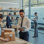 Employees in a small business office preparing packages for same-day delivery with a delivery van visible outside.