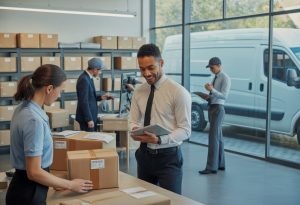 Employees in a small business office preparing packages for same-day delivery with a delivery van visible outside.