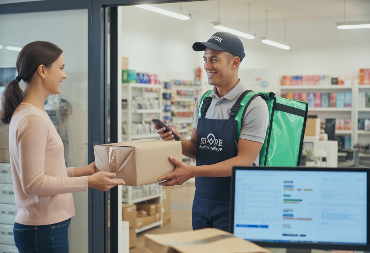 A delivery person handing a parcel to a customer outside a small retail store with shelves and a computer visible inside.