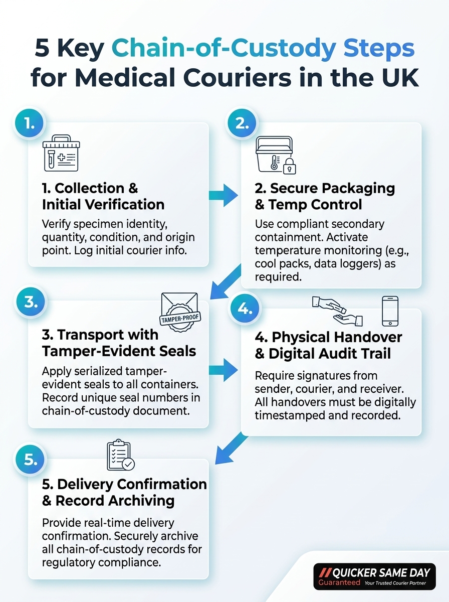 Infographic depicting 5 key chain-of-custody steps for medical couriers in the UK.