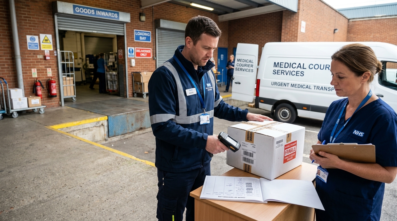 courier collecting fragile item from NHS staff member