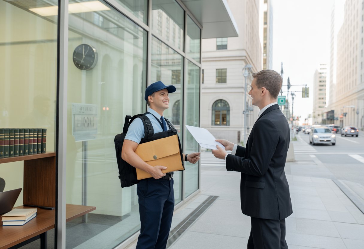 A courier handing over legal documents to a lawyer outside a modern courthouse.