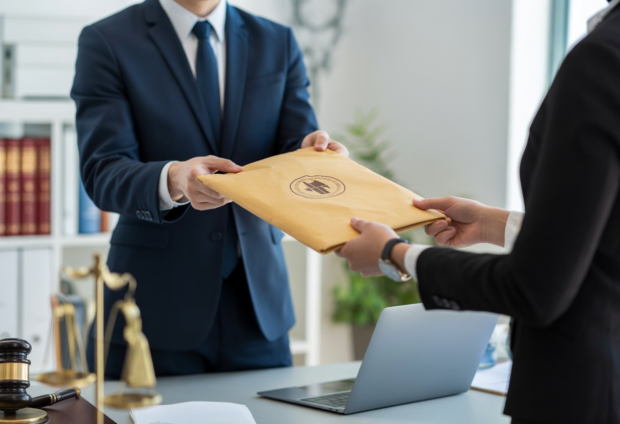 A courier handing legal documents to a lawyer in an office setting.