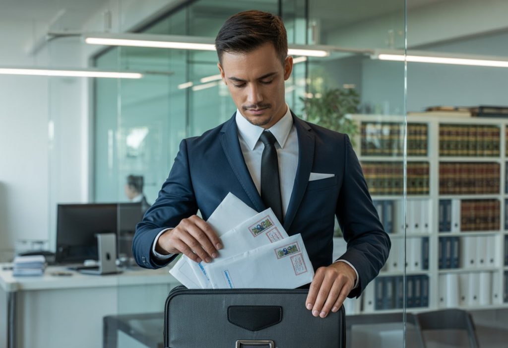 A courier in a business suit securely handling legal documents in a modern office setting.