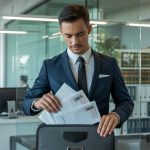 A courier in a business suit securely handling legal documents in a modern office setting.
