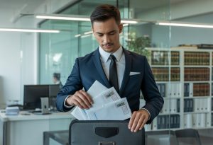 A courier in a business suit securely handling legal documents in a modern office setting.