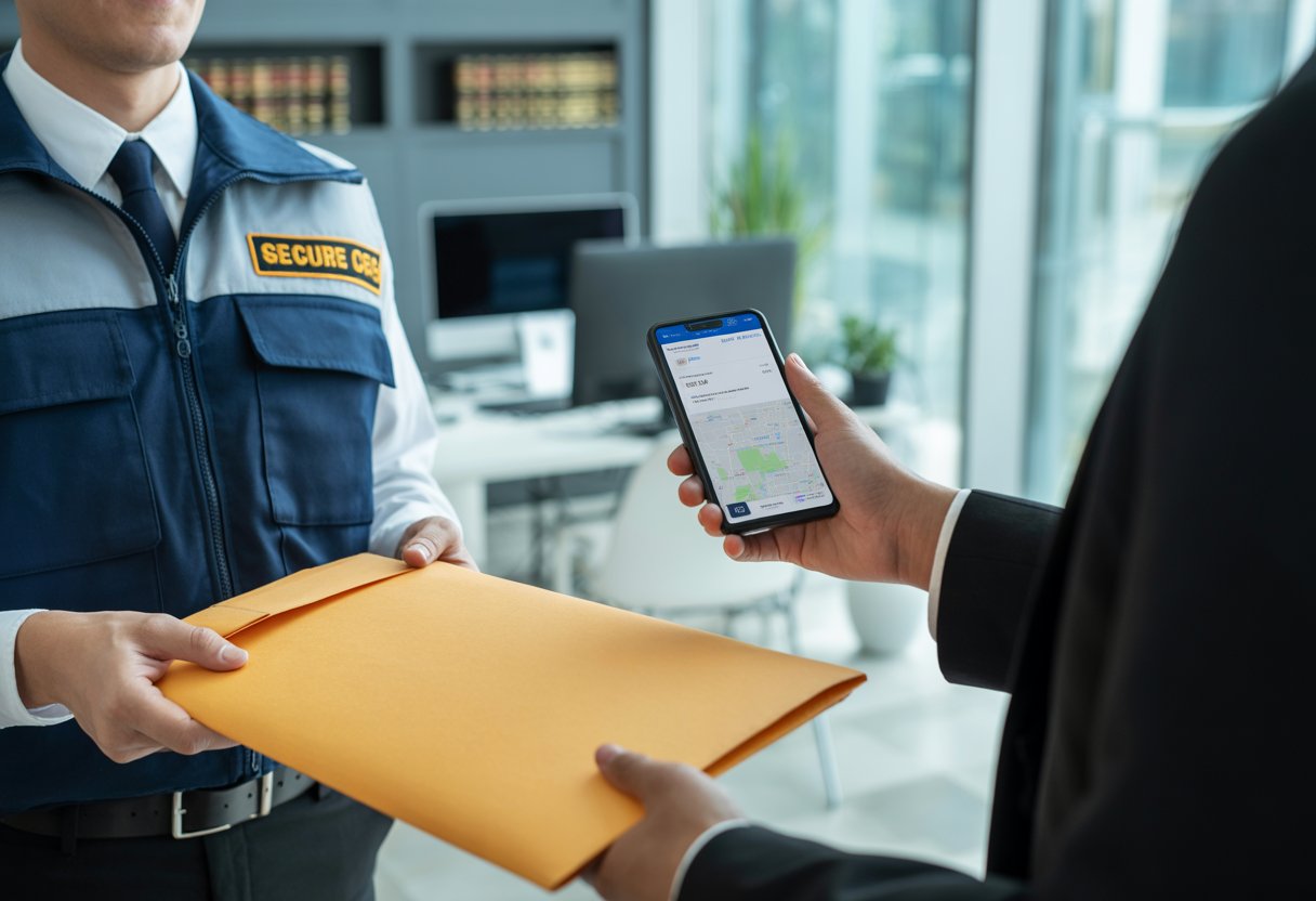 A courier handing a legal document envelope to a business professional in a modern office, with a handheld device showing delivery tracking.