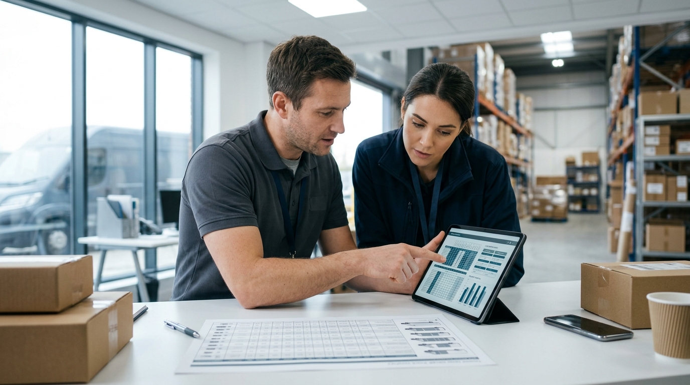Two co-workers looking at vehicle size charts
