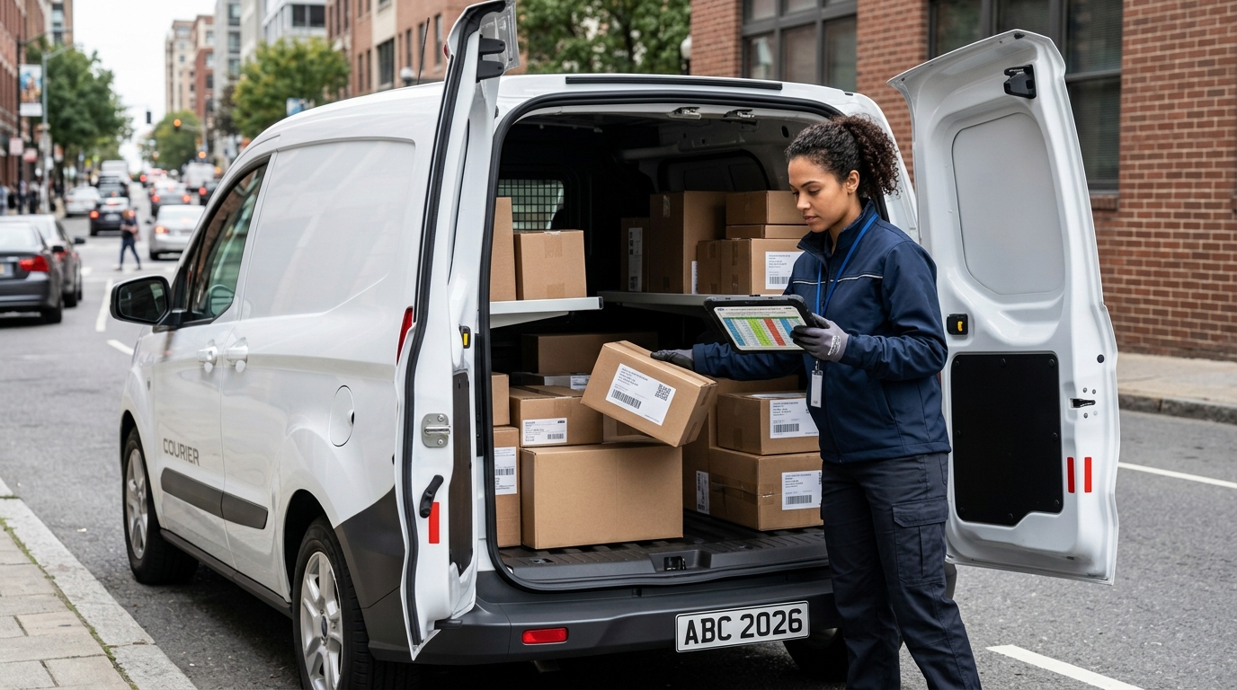 courier taking parcel out of van