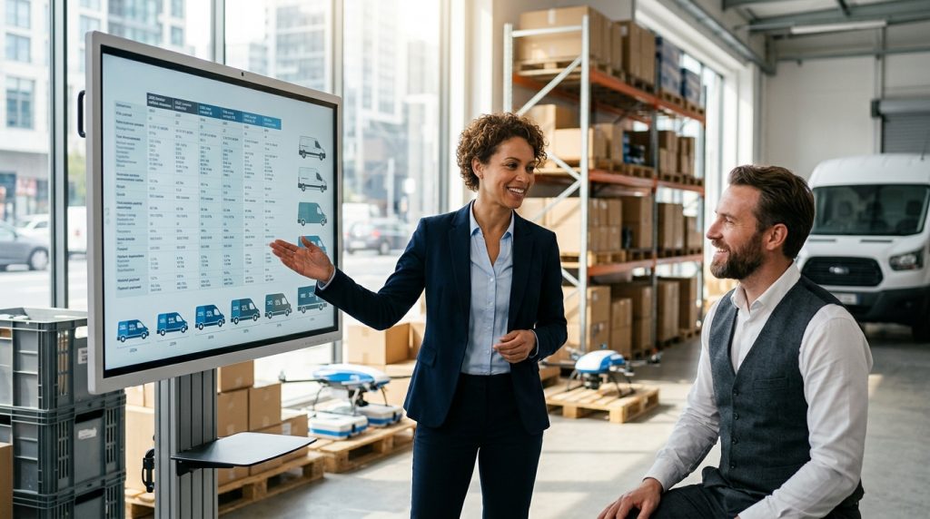 Female manager using charts to explain vehicle dimensions and payloads