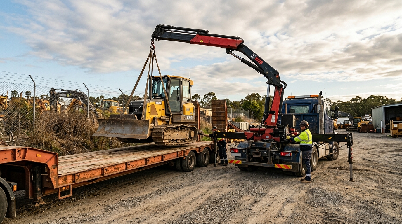 Hiab lifting a bulldozer onto a flatbed trailer