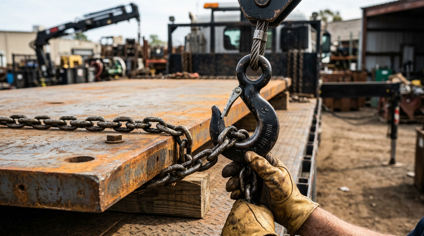 A hook through a chain preparing to lift a sheet of heavy steel