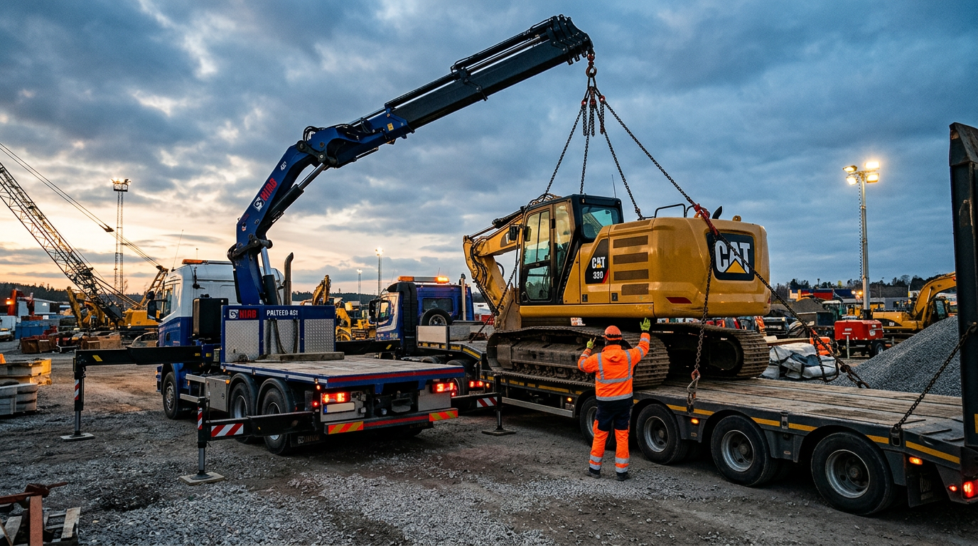 Hiab lifting plant machinery onto a flatbed truck