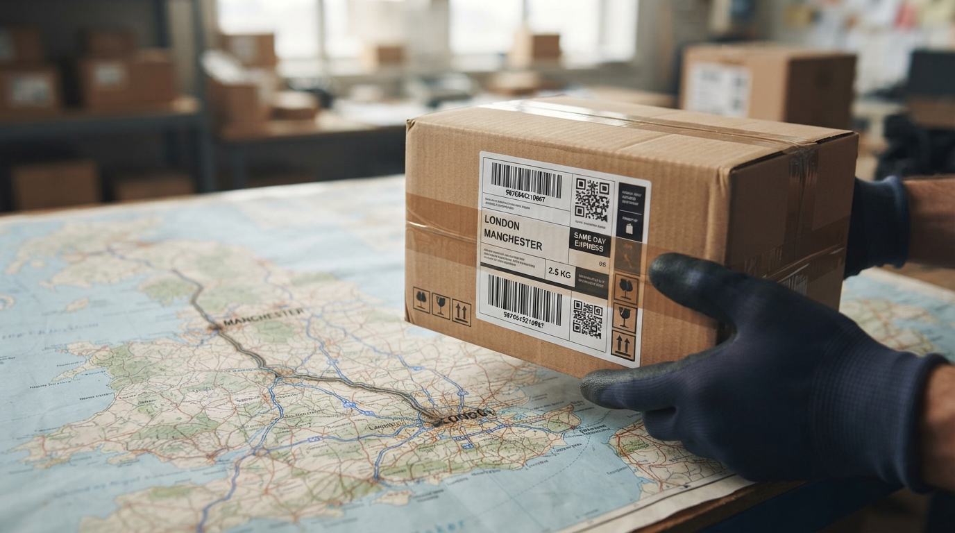 A parcel with an address label being held over a map showing a route from London to Manchester
