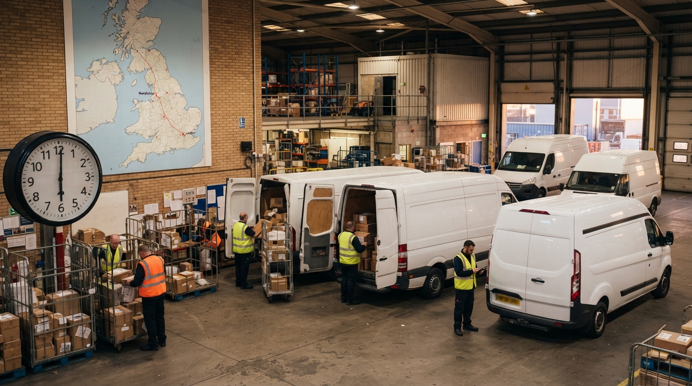 Couriers for London to Manchester loading vans at the depot