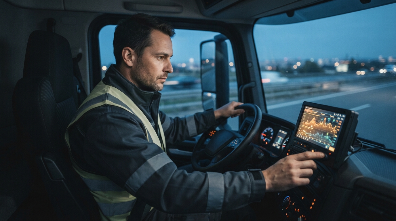 A driver looking at Smart Tachograph Version 2