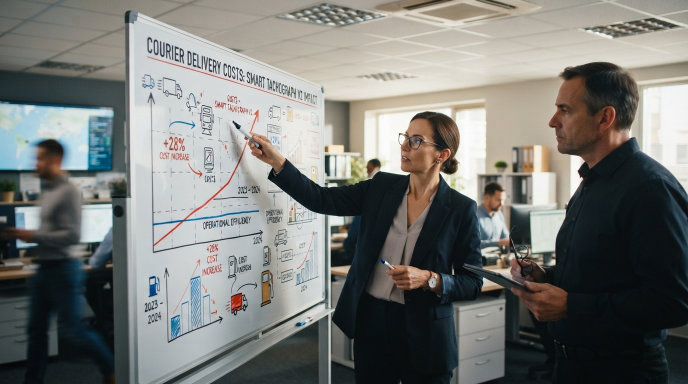 manager looking at a chart showing the effect of Smart Tachograph Version 2 on delivery costs