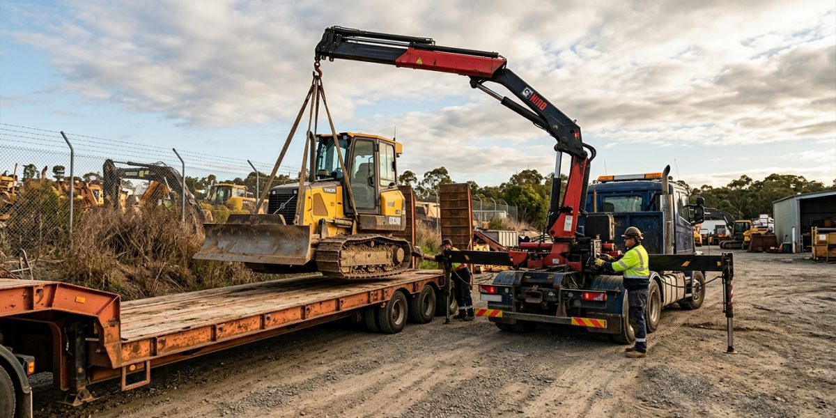 Hiab lifting a bulldozer onto a flatbed trailer