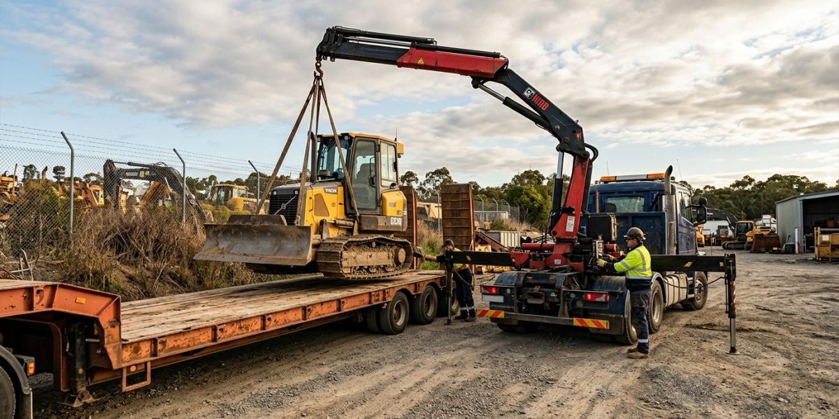 Hiab lifting a bulldozer onto a flatbed trailer