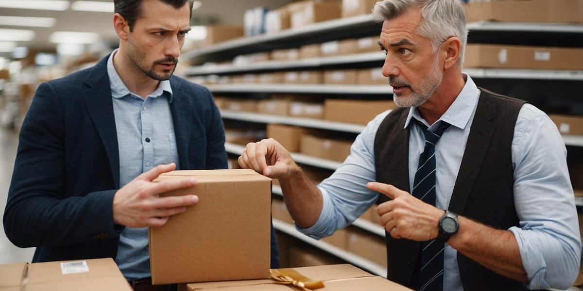 A frustrated customer pointing at a broken package, while a concerned retailer listens and offers a solution