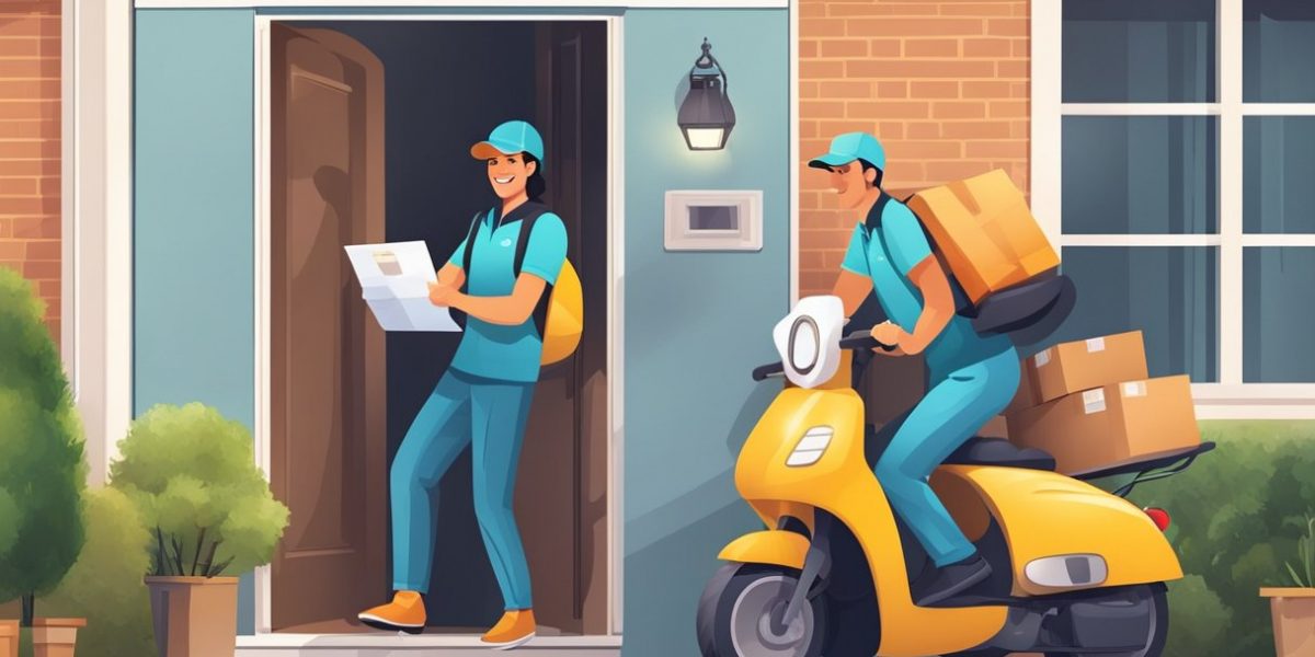 A courier delivering packages to a happy customer's doorstep, saving time and providing reliable, secure, and efficient service