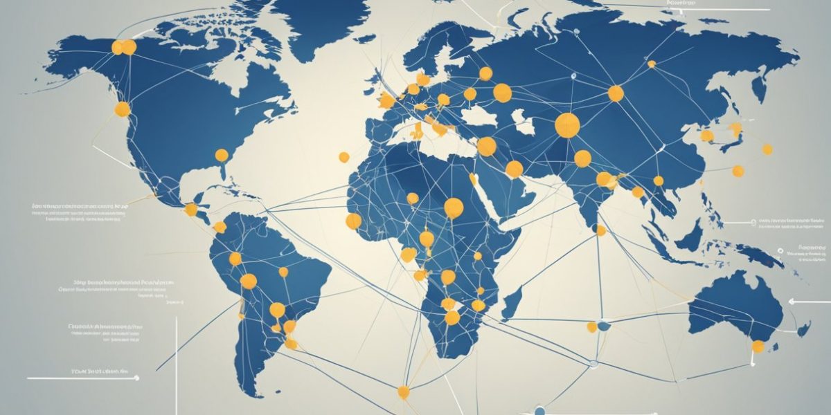A global map with dotted lines connecting different countries, representing international courier services expanding business reach and cultivating customer relationships in new markets