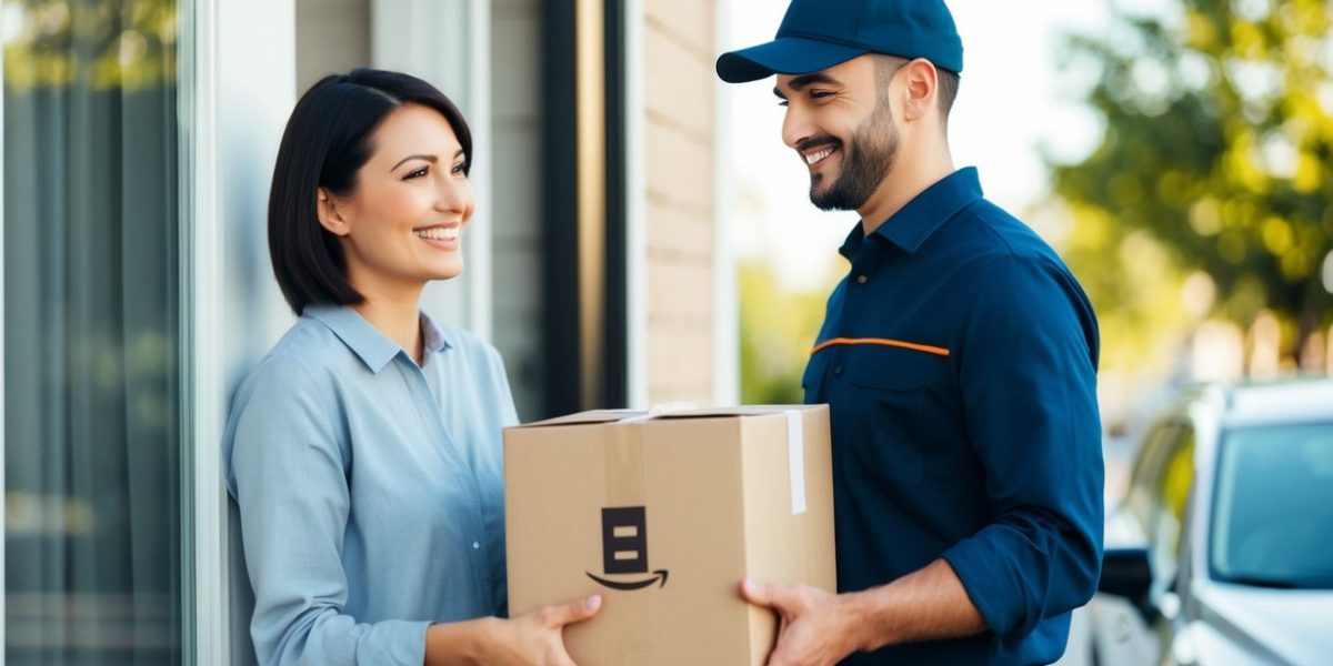 A smiling customer receives a package at their doorstep, while a delivery person stands nearby. The customer looks satisfied with the fast and efficient same-day delivery service