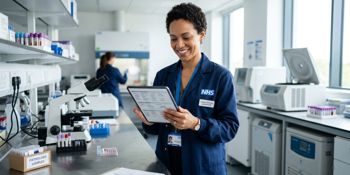 NHS worker checking chain of custody data