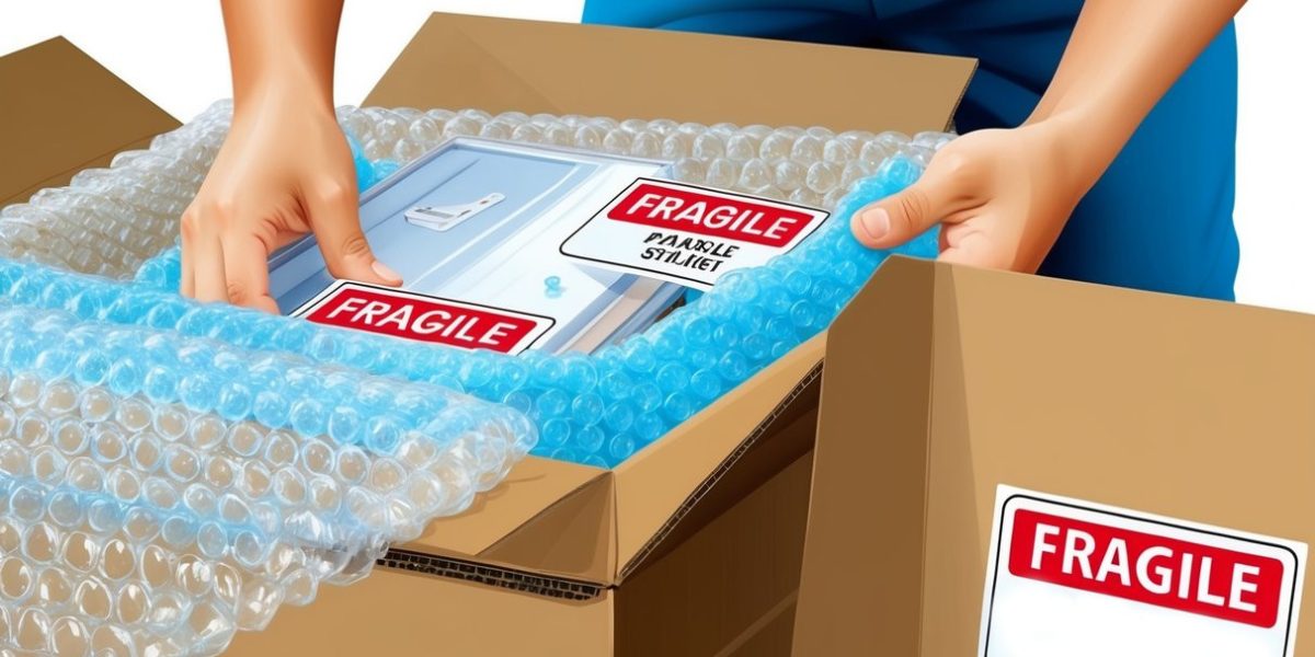 A pair of hands carefully wrapping delicate items in bubble wrap and placing them in a sturdy cardboard box. Fragile stickers are placed on the outside