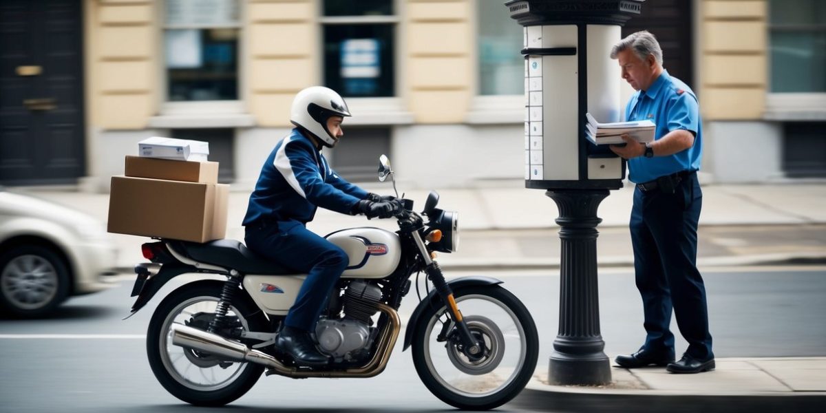 A courier on a motorcycle speeding past a traditional mailbox, with a stack of packages in hand, while a postal worker loads letters into a mailbox