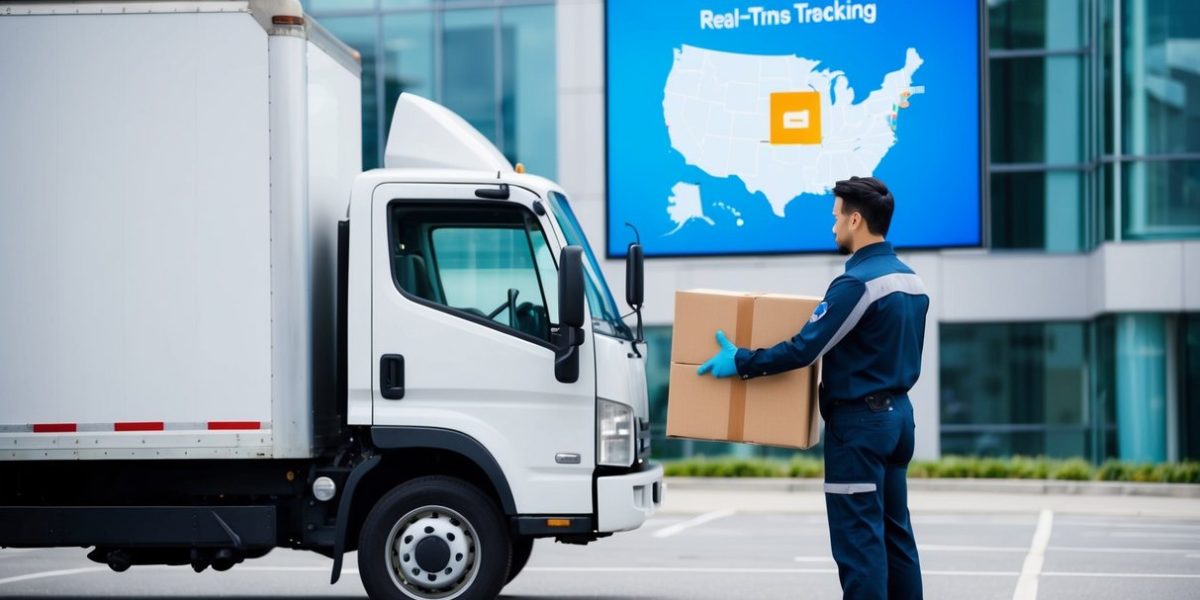 A delivery truck parked outside a modern office building, with a delivery person scanning a package using a handheld device while a real-time tracking map is displayed on a nearby screen