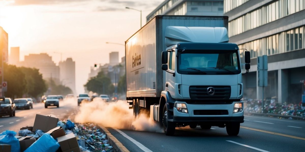 A delivery truck emitting exhaust while driving through a polluted city. Trash and packaging litter the streets