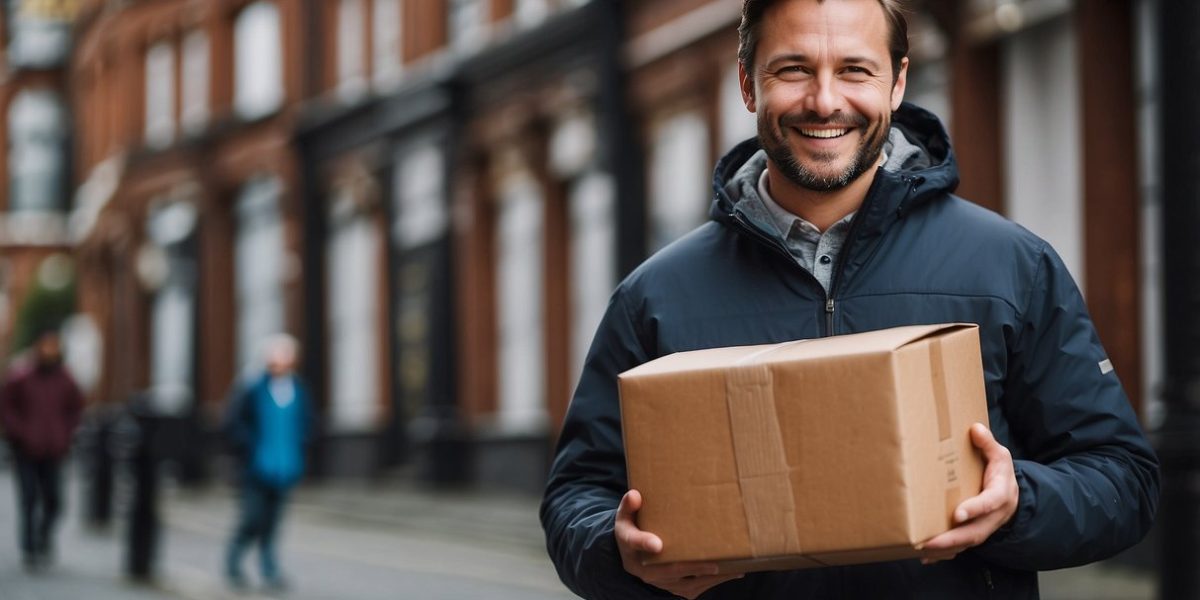 A courier delivers a package to a smiling customer in front of a local Manchester landmark, showcasing personalized service and customer satisfaction