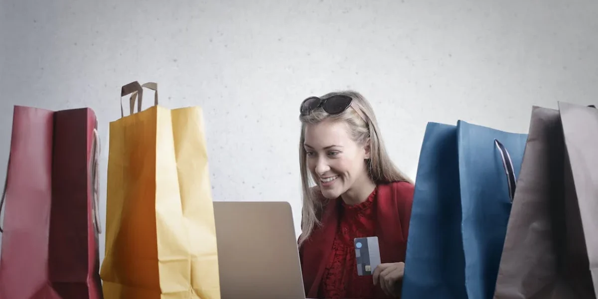 online shopper surrounded by bags