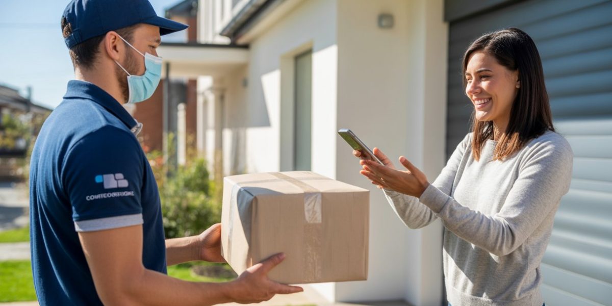 A delivery courier hands a sealed package to a customer at their doorstep while both maintain distance, with a smartphone showing delivery confirmation.