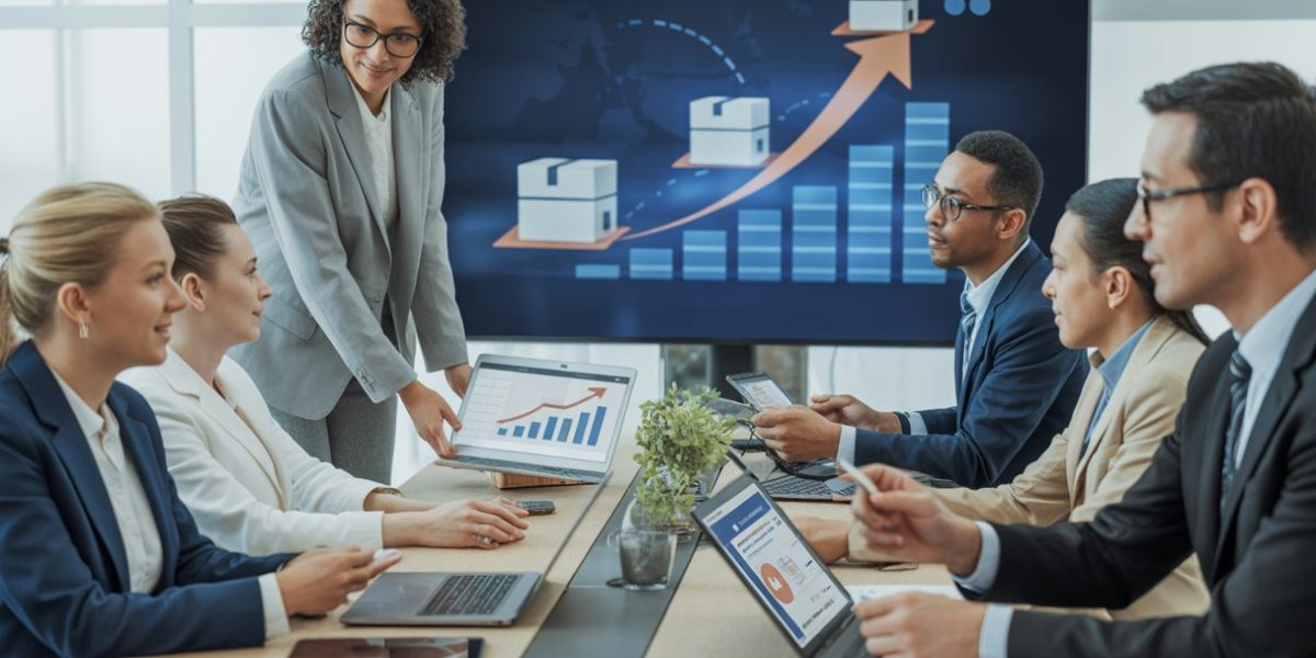 Business professionals in a meeting room discussing delivery plans with charts and digital maps displayed.
