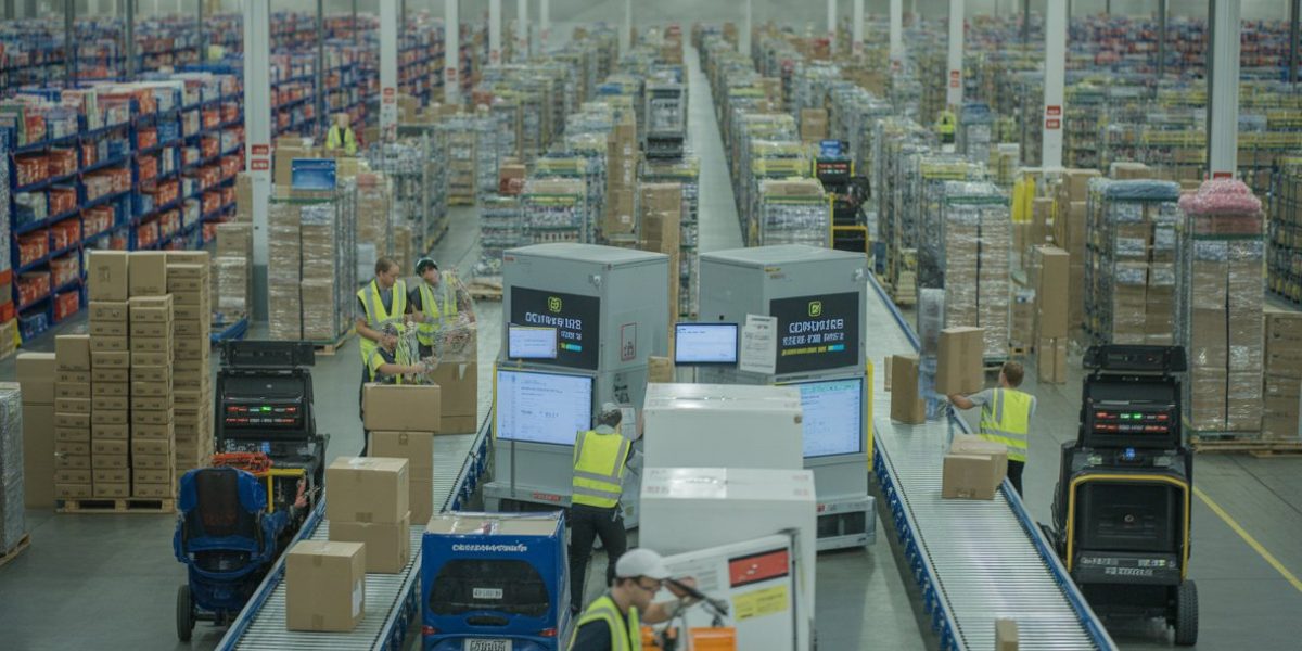 Inside a busy warehousing and fulfilment centre with workers handling packages and conveyor belts moving parcels towards delivery trucks.
