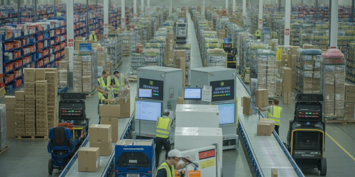 Inside a busy warehousing and fulfilment centre with workers handling packages and conveyor belts moving parcels towards delivery trucks.