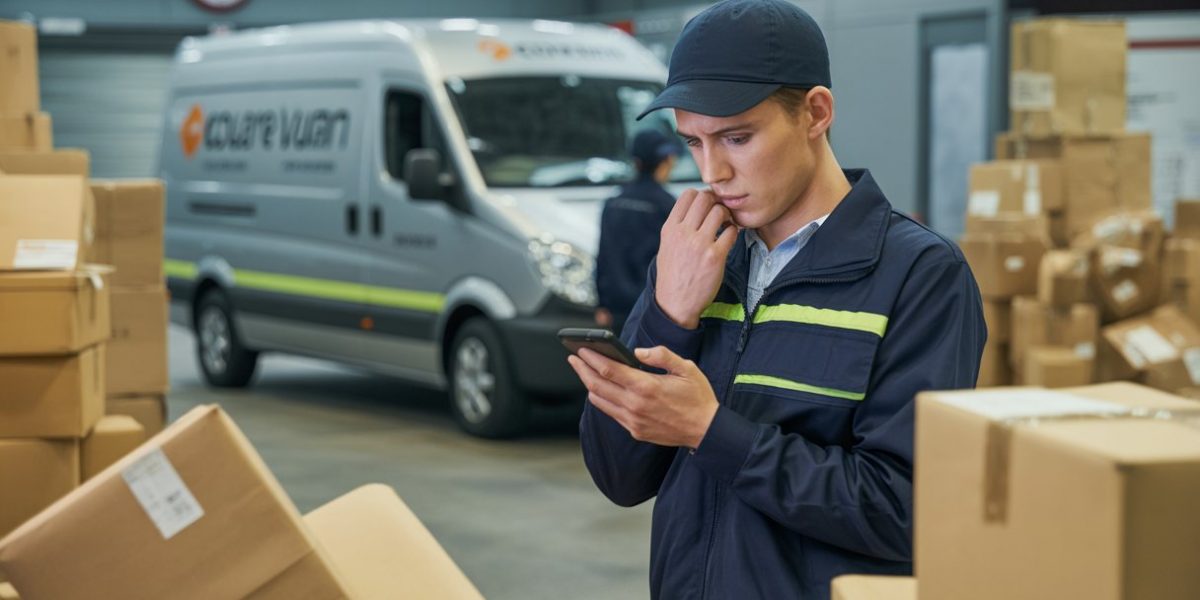 A courier sorting centre with scattered packages, a concerned courier checking a device, and a delivery van parked nearby.