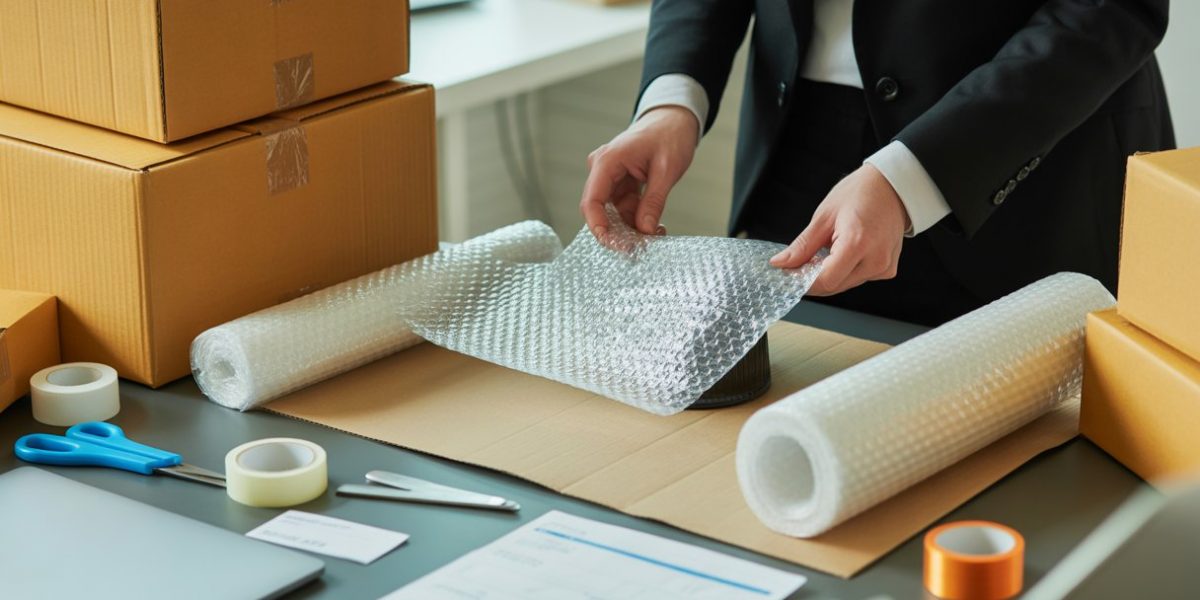 Hands wrapping a fragile item with bubble wrap on a desk surrounded by packaging materials and shipping supplies.