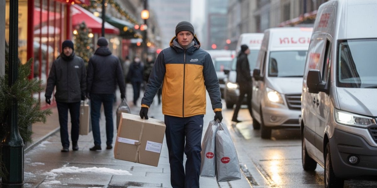 A courier wearing winter clothes carrying parcels on a snowy city street with holiday decorations and delivery vehicles nearby.
