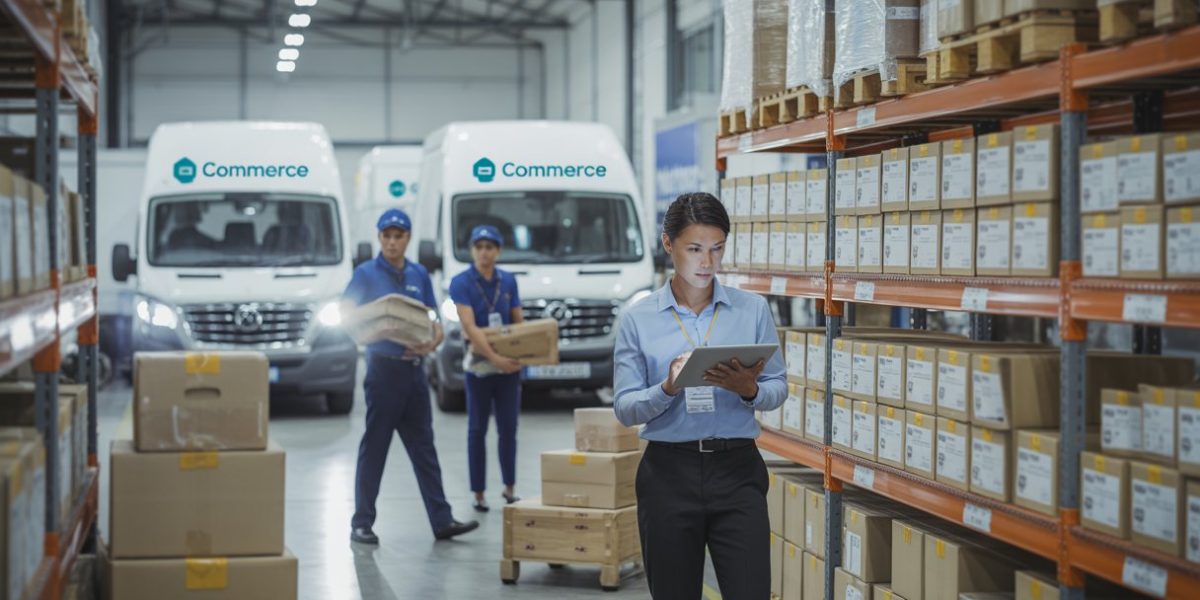 A logistics manager checks a tablet in a busy warehouse where workers load parcels into delivery vans.