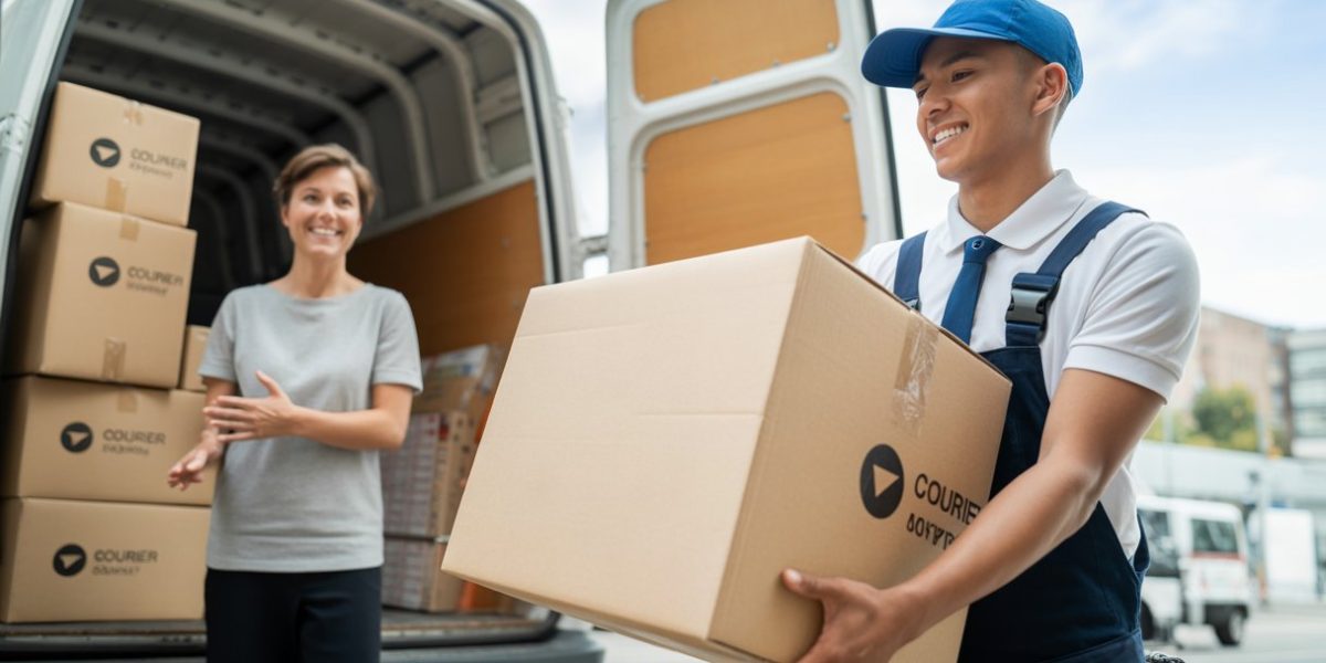 A courier handing over a large parcel to a smiling customer outside a delivery van in a city setting.
