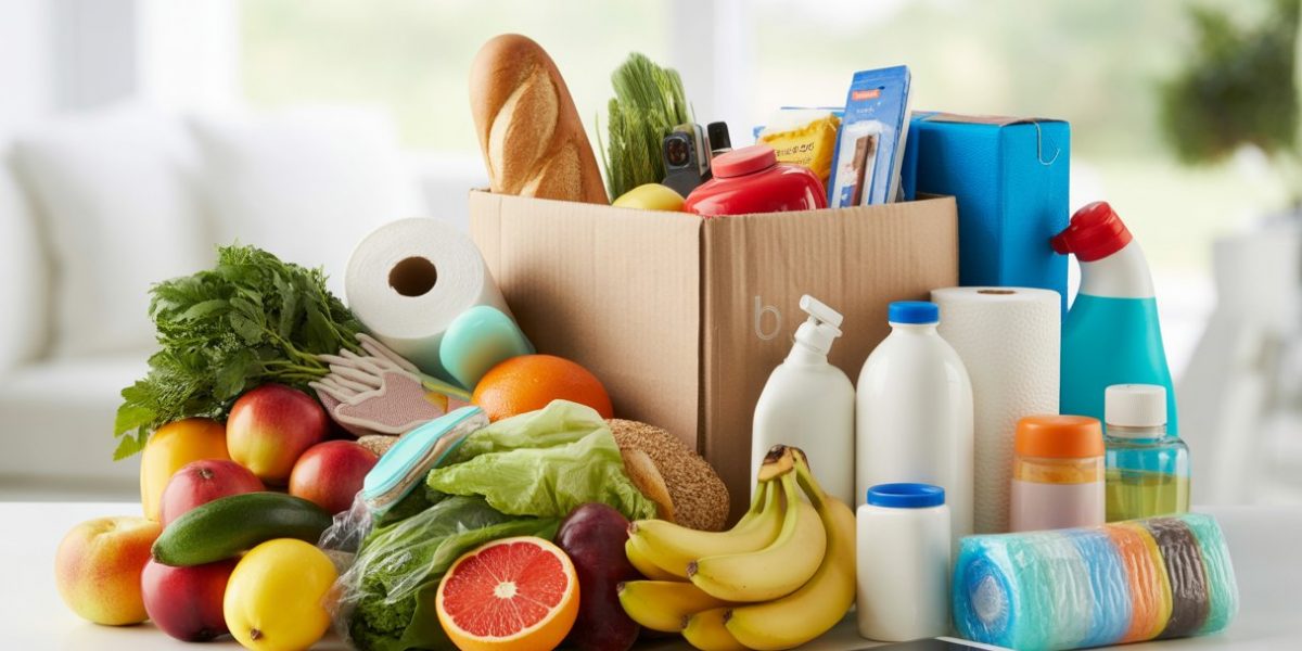 A selection of everyday items including groceries, household products, and a small electronic device arranged together on a white surface.