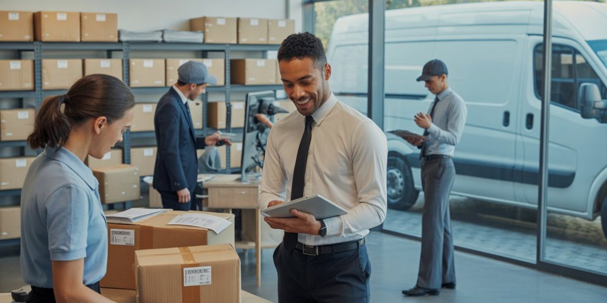 Employees in a small business office preparing packages for same-day delivery with a delivery van visible outside.